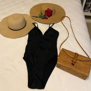 Pretty Black Ruffle Top One Piece Swimsuit Small